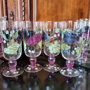 (4) Vintage Handpainted Glass Home Essentials 18oz Purple Blue Grapes 🍇 Green